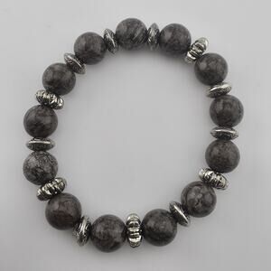 Bali Silver Tone Coffee Bean Jasper Beaded Stretch Bracelet 6" Jewelry